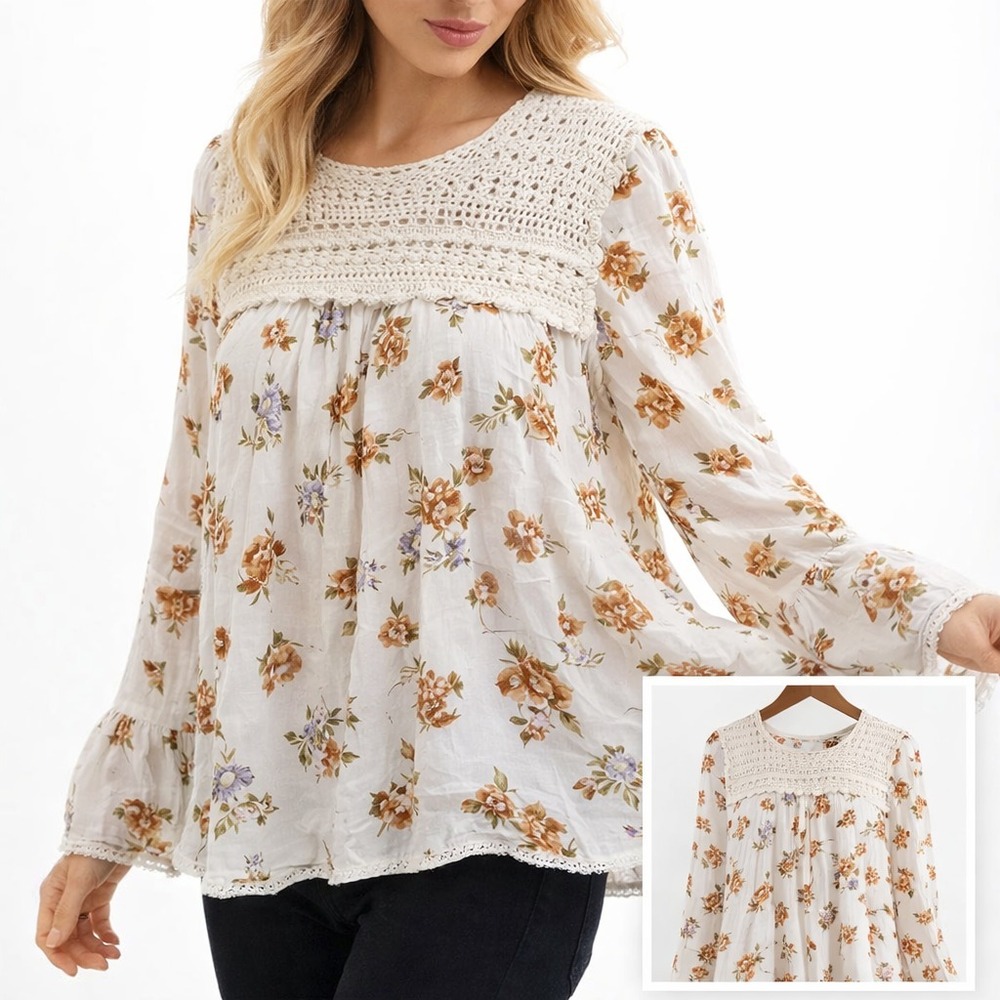 Zara Woman Peasant Blouse Crochet Lace Sheer Boho Floral NWT XS